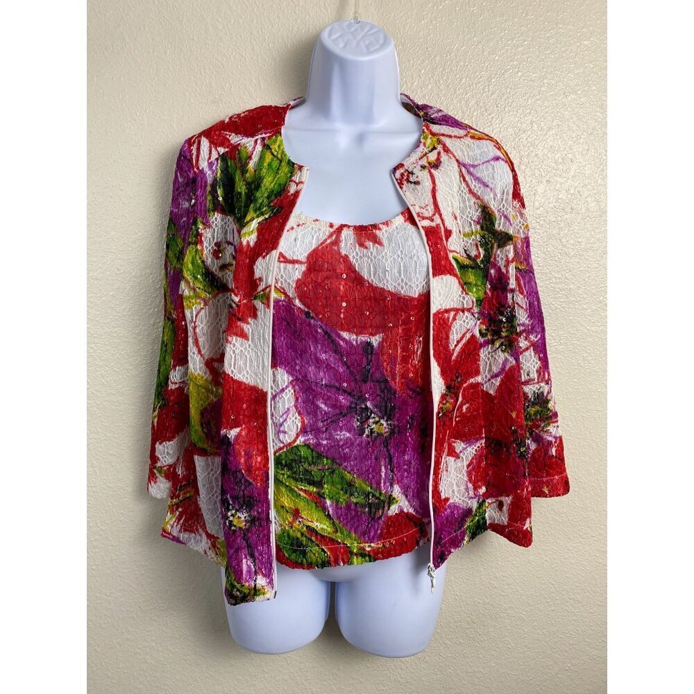 Joseph Ribkoff Floral Top Blazer Set size 12 Lace Lightweight Red Green Full Zip